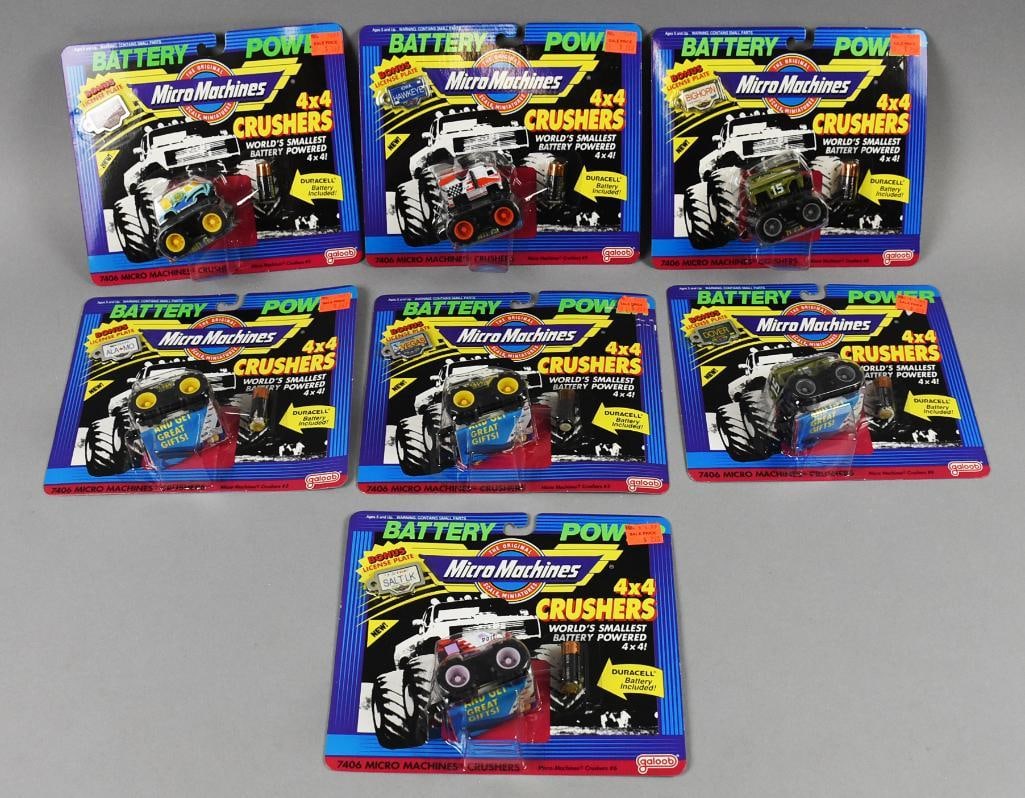 (7) 1991 Galoob Micro Machines 4x4 Crushers - MOC - NOS: Lot is seven 1991 Galoob Micro Machines 4x4 Crushers - MOC - NOS. Each vehicle is different with a state license plate and packages include a Duracell Battery. Single owner collection from the largest