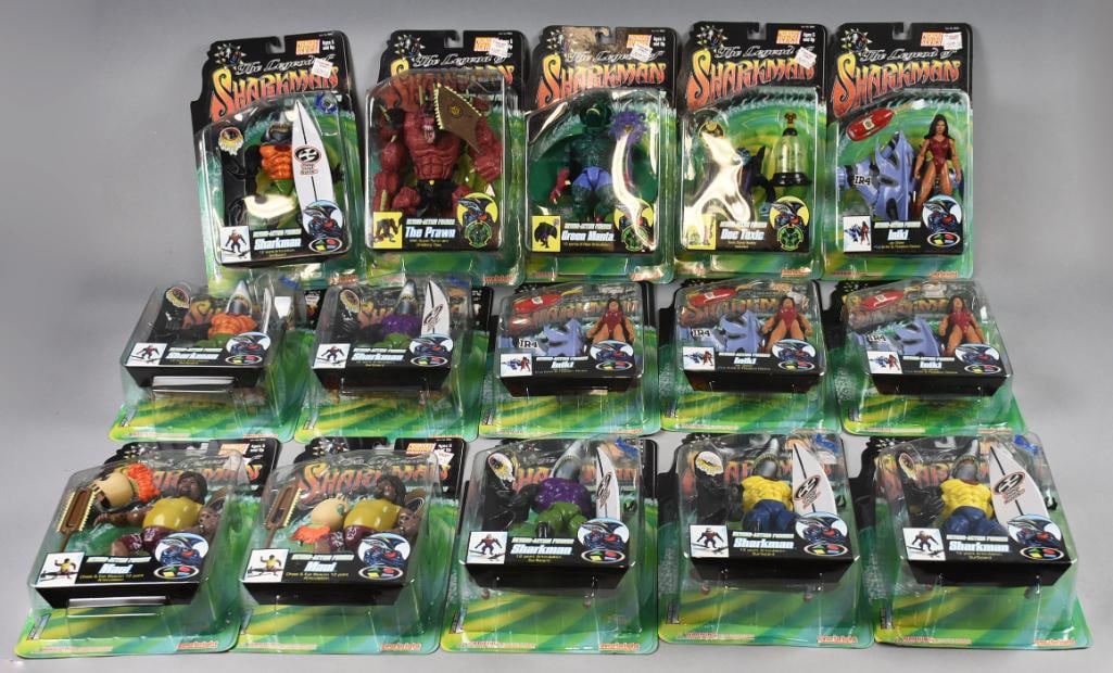 (15) 1997 Everbright Legend of Sharkman Figures-MOC-NOS: Lot is 15 1997 Everbright Legend of Sharkman Figures-MOC-NOS. Includes The Prawn, Green Manta, Doc Toxic, Iniki, Maui and three Sharman variants. Single owner collection from the largest toy collector