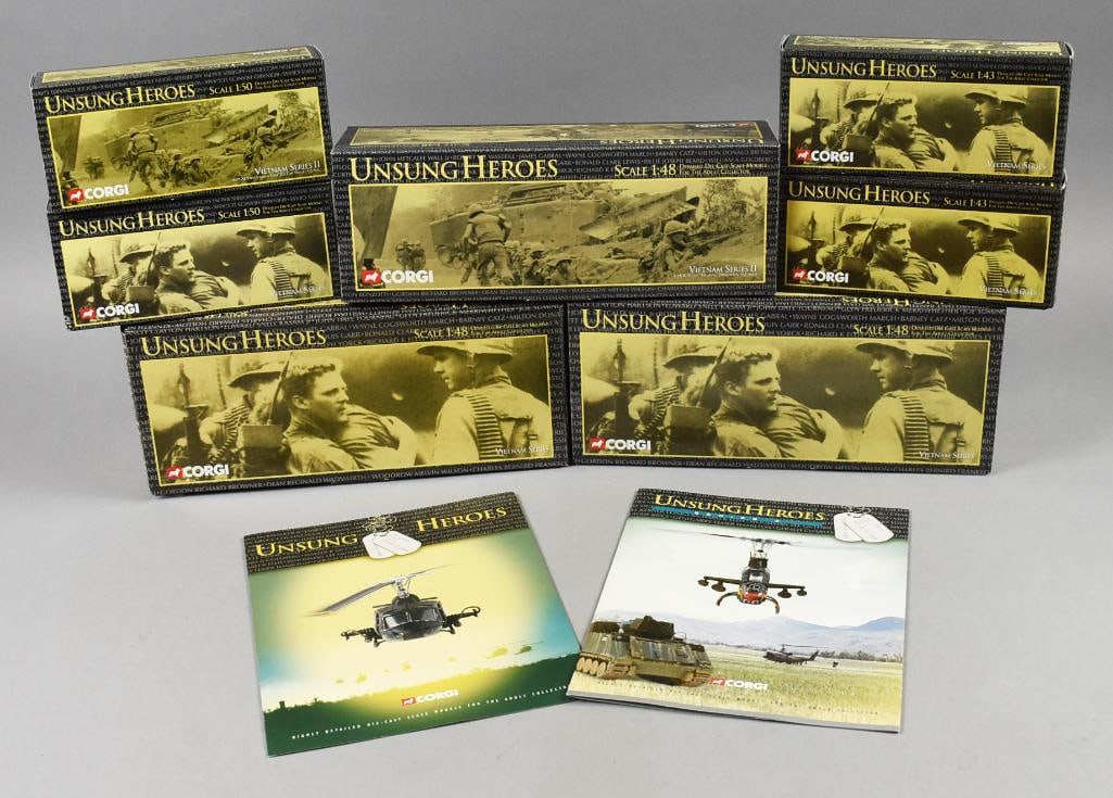 (7) 2000-01 Corgi Unsung Heroes Vietnam Series-1:41/1:48/1:50-MIB-NOS: Lot is seven 2000-01 Corgi Unsung Heroes Vietnam Series-MIB-NOS. Includes Medivac Helicopter, Gunners, Hog, Rifle Truck, 25-Ton Truck, Utility Truck and one unidentified as did not want to open. Singl