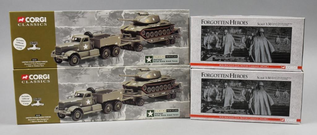 (4) 1990s-2000s Corgi Classics & Forgotten Heroes 1:50-MIB-NOS: Lot is four 1990s-2000s Corgi Classics & Forgotten Heroes-MIB-NOS. Includes two limited edition Machine Gun Motor Carriage and two Tank Transporters. Single owner collection from the largest toy colle