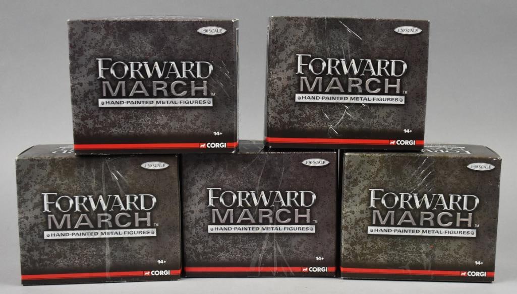 (5) 2006 Corgi Forward March Figures 1:50 Scale-MIB-NOS: Lot is five 2006 Corgi Forward March Figures 1:50 Scale-MIB-NOS. Includes WWII British Paratroopers, WWII US Infantry (winter), WWII German Paratrooper, WWII US Infantry (1944) and German Waffen. 