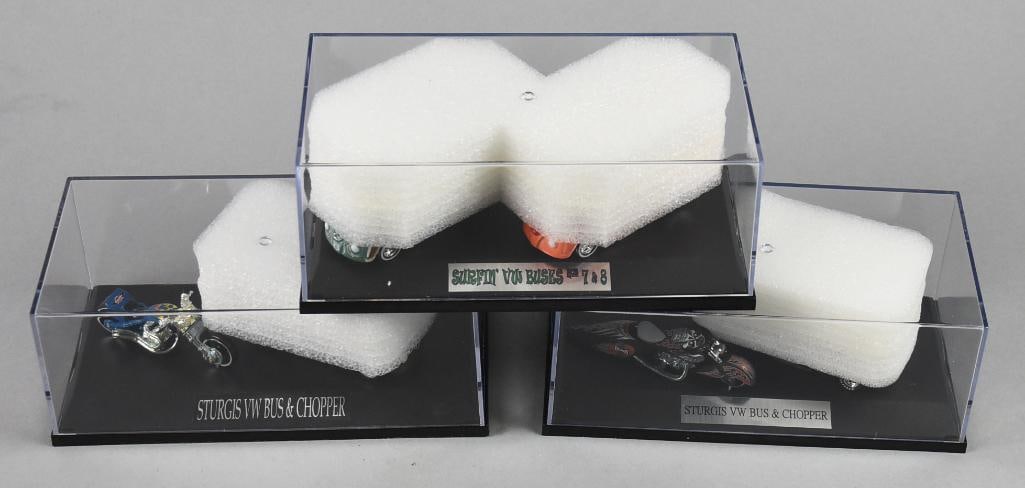 (3) Liberty Promotions, Hot Wheels Drag Bus, PLUS, MIB-NOS: Lot is three Liberty Promotions, Hot Wheels Drag Bus, PLUS, MIB-NOS. Includes Surfin' Series Waikiki Wagon with VW Bus Cal Woodie 836/1300, Sturgis 2008 Bus and Chopper set 606/1300 and undated Sturgi