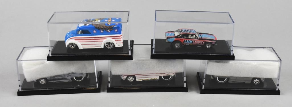 (5) Liberty Promotions, Hot Wheels Drag Bus & More-MIB-NOS: Lot is five Liberty Promotions, Hot Wheels Drag Bus & More-MIB-NOS. Includes USA Eagle Dairy Delivery 33/888 and Drag Bus 323/1300, Lady Liberty '67 Camaro 270/1300, Bomber VW Bus 408/1300 an