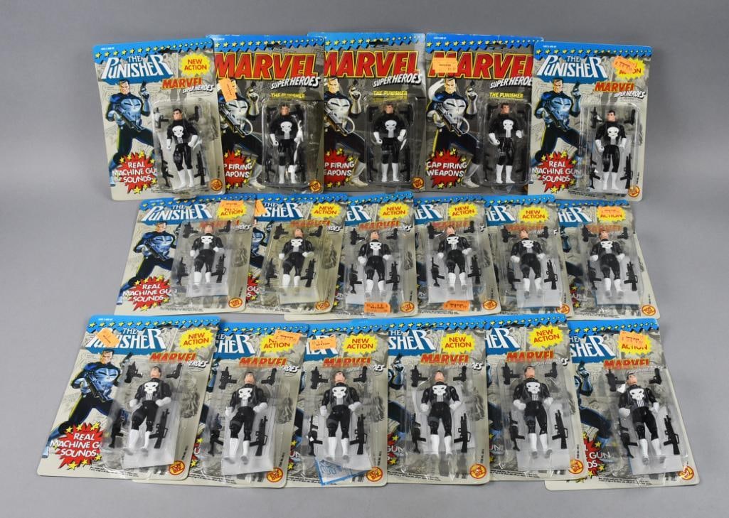(17) 1990-91 Toy Biz Marvel The Punisher Action Figs-MOC-NOS: Lot is 17 1990-91 Toy Biz Marvel The Punisher Action Figs-MOC-NOS. Includes three with Cap Firing Weapons and 14 with Real Machine Gun Sounds. Single owner collection from the largest toy collect
