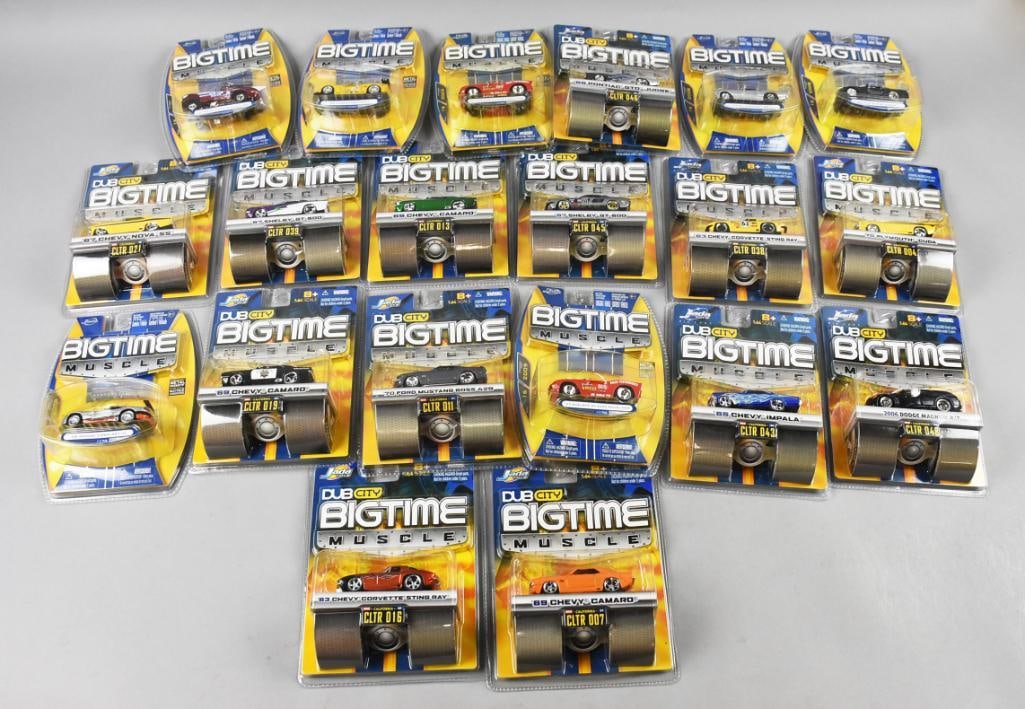 (20) 2000s Jada Toys Dub City/Big Time Muscle Die Cast-NOS: Lot is 20 Jada Toys Dub City/Big Time Muscle Die Cast-MOC-NOS. Includes Camaro, Corvette, Ford and more. Lot with duplicates, but all duplicates are variants. Single owner collection from the largest