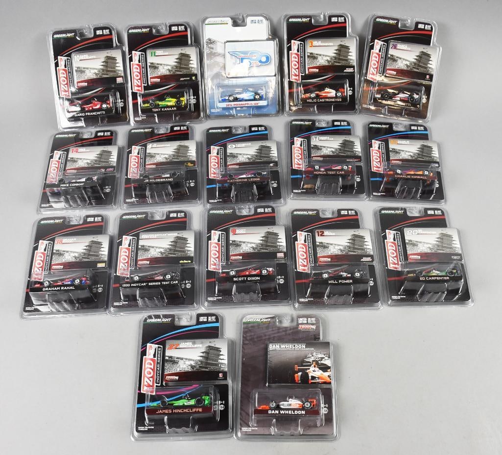 (17) 2012 Greenlight IZOD Indy Die-Cast Cars-MOC-NOS: Lot is 17 2012 Greenlight IZOD Indy Die-Cast Cars-MOC-NOS. Includes Tony Kanaan, Helio Castroneves, Mario Andretti, David Franchitti, 2012 Indianapolis 500, Charlie Kimball, Honda Test Car, Mike Conwa