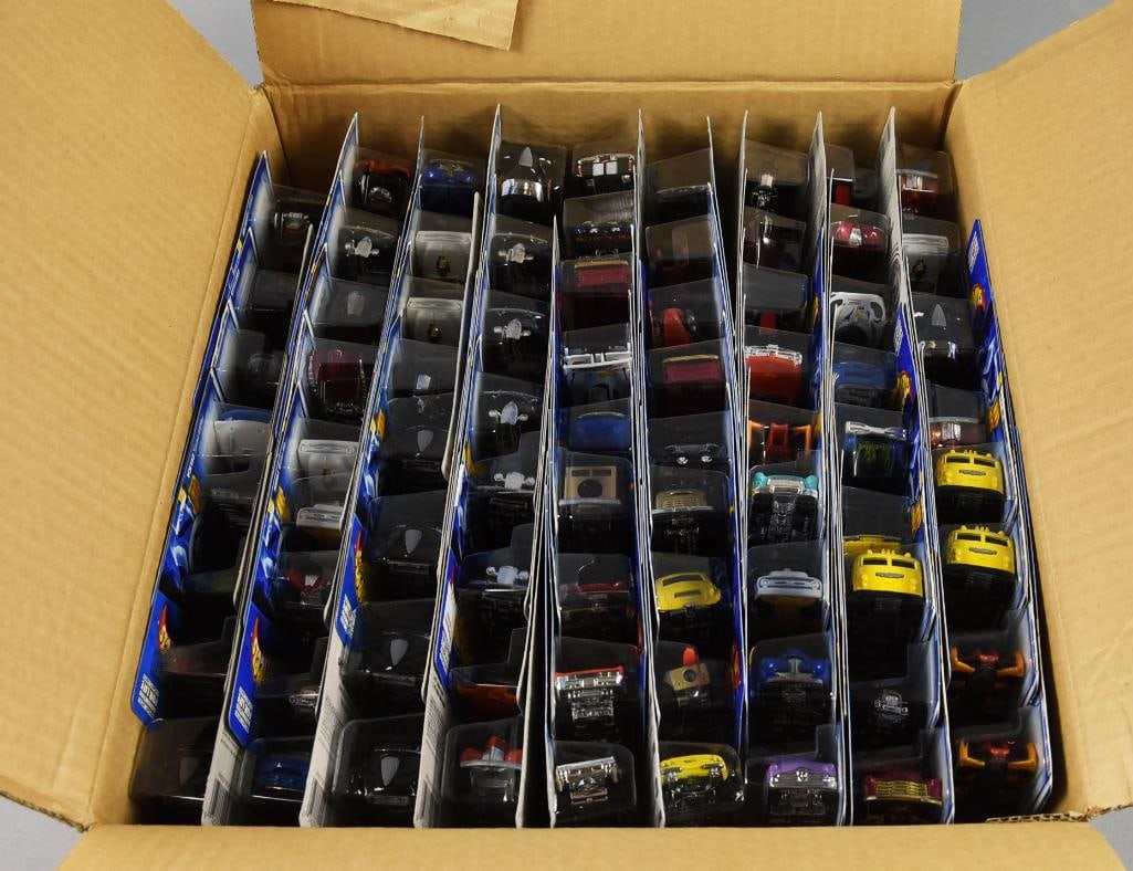 (77) 2000s Mattel Hot Wheels Factory Box-Unsorted-NOS: Lot is 77 2000s Mattel Hot Wheels Blue Card-Unsorted-MIB-NOS. Comes in factory shipping box, original number of cars, 72 with additional added. Single owner collection from the largest toy collector o
