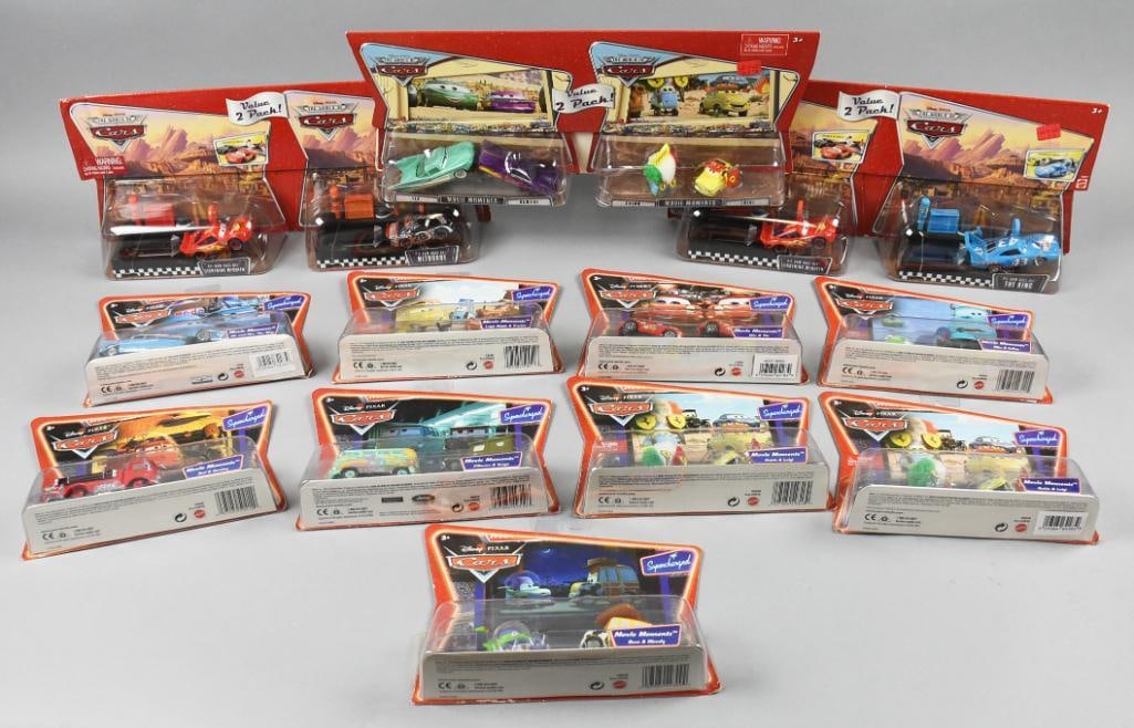 (12) 2009 Mattel Disney Pixar Cars Two-Pack Die-Cast-MOC-NOS: Lot is 12 2009 Mattel Disney Pixar Cars Two-Pack Die-Cast-MOC-NOS. Includes Mr. & Mrs. The King, Luigi, Guido & Tractor, Mia & Tia, Red & Stanley, Mike & Sully, Fillmore & Sarg