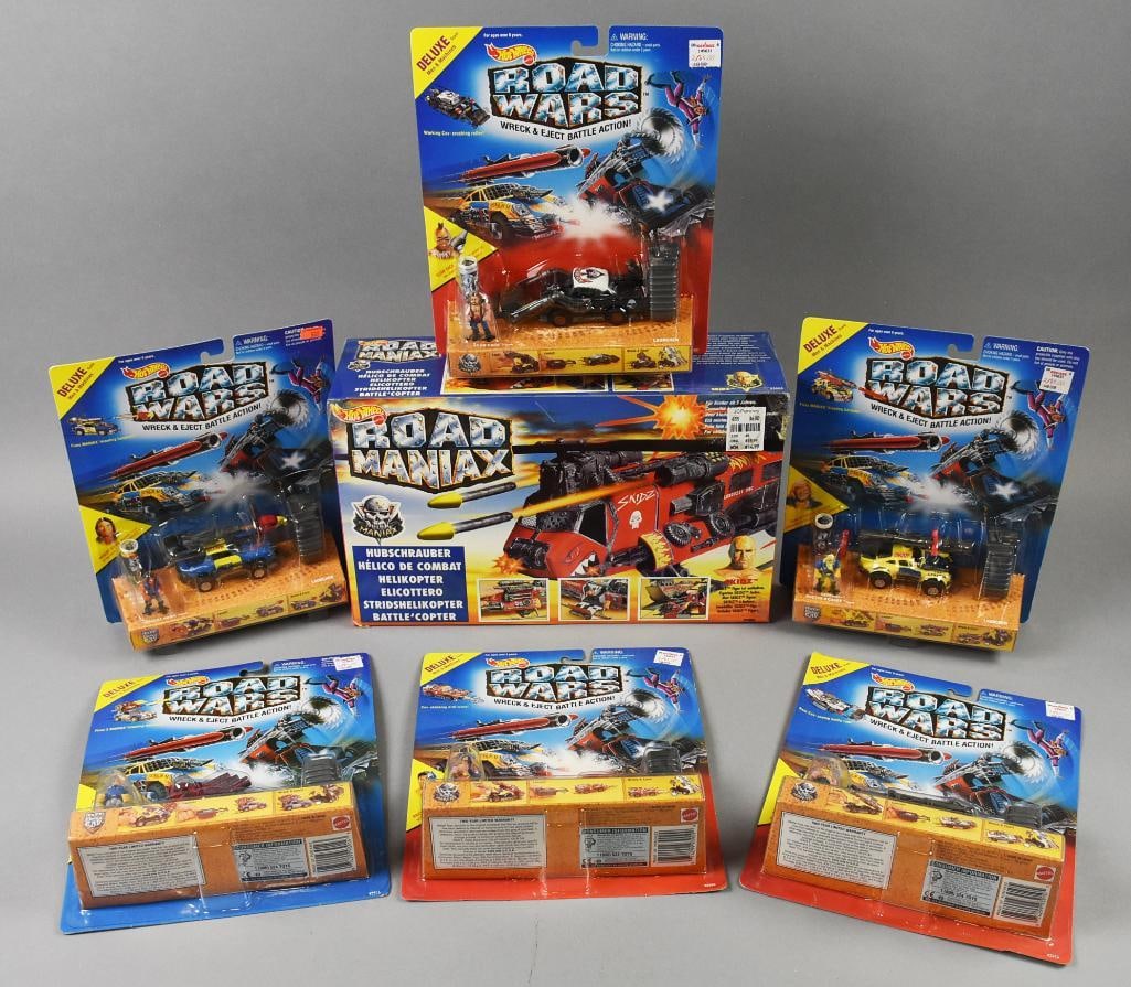 (7) 1994-95 Mattel Hot Wheels Road Wars Road Maniax-NOS: Lot is seven 1994-95 Mattel Hot Wheels Road Wars, Road Maniax Play Set-Diecast-NOS. Includes Road Maniax and die-cast cars with Wreck and Eject function. Single owner collection from the largest