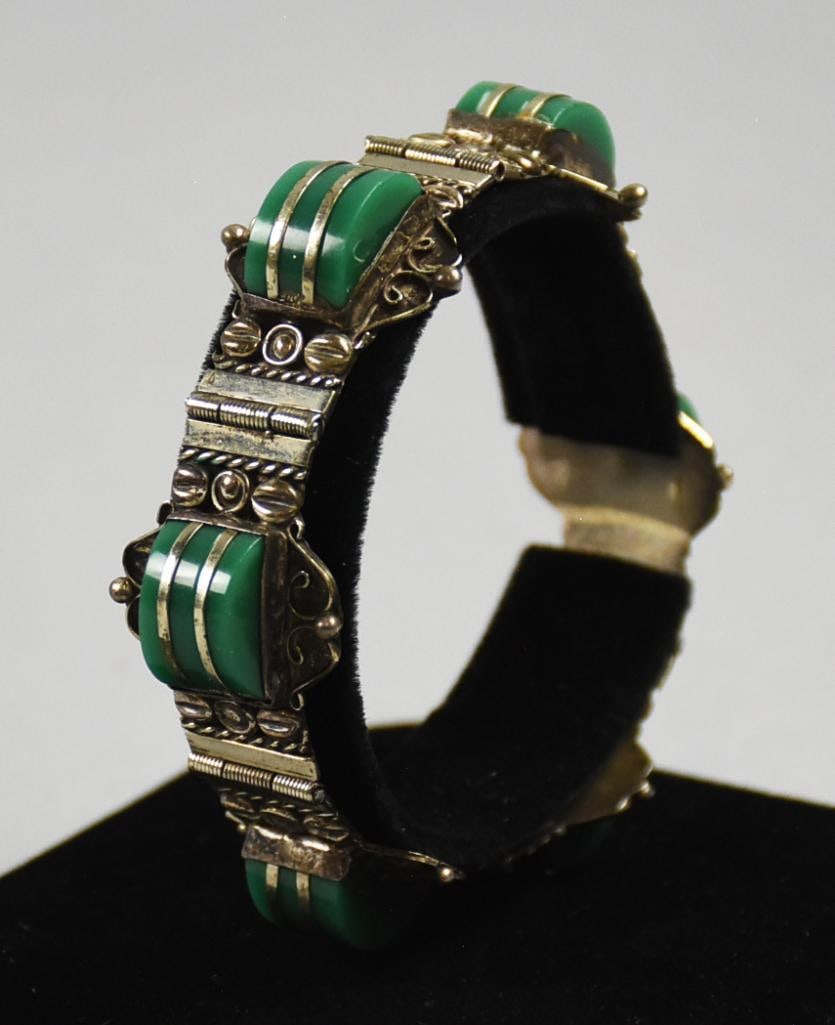 c1950 Mexican Sterling and Green Onyx Bracelet-Signed (1 of 8)