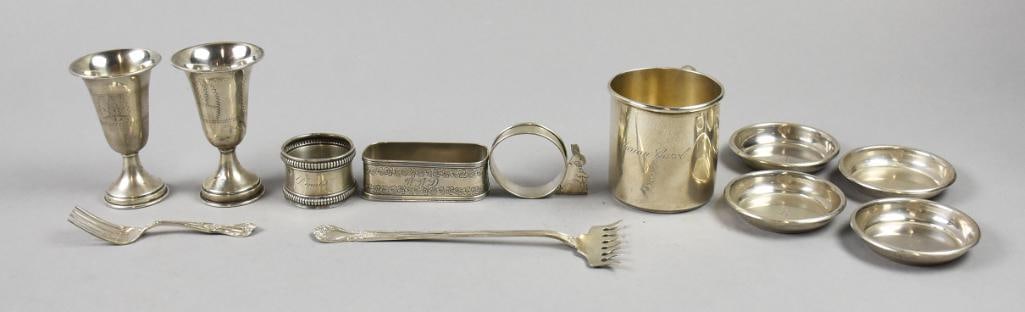 Large Variety Sterling Table Accessories-Lunt-Webster PLUS: This is a cool assortment of vintage and antique sterling table accessories. Lot with two Webster napkin rings, one with a bunny with engraved details and an oblong engraved with flowers and monogramm