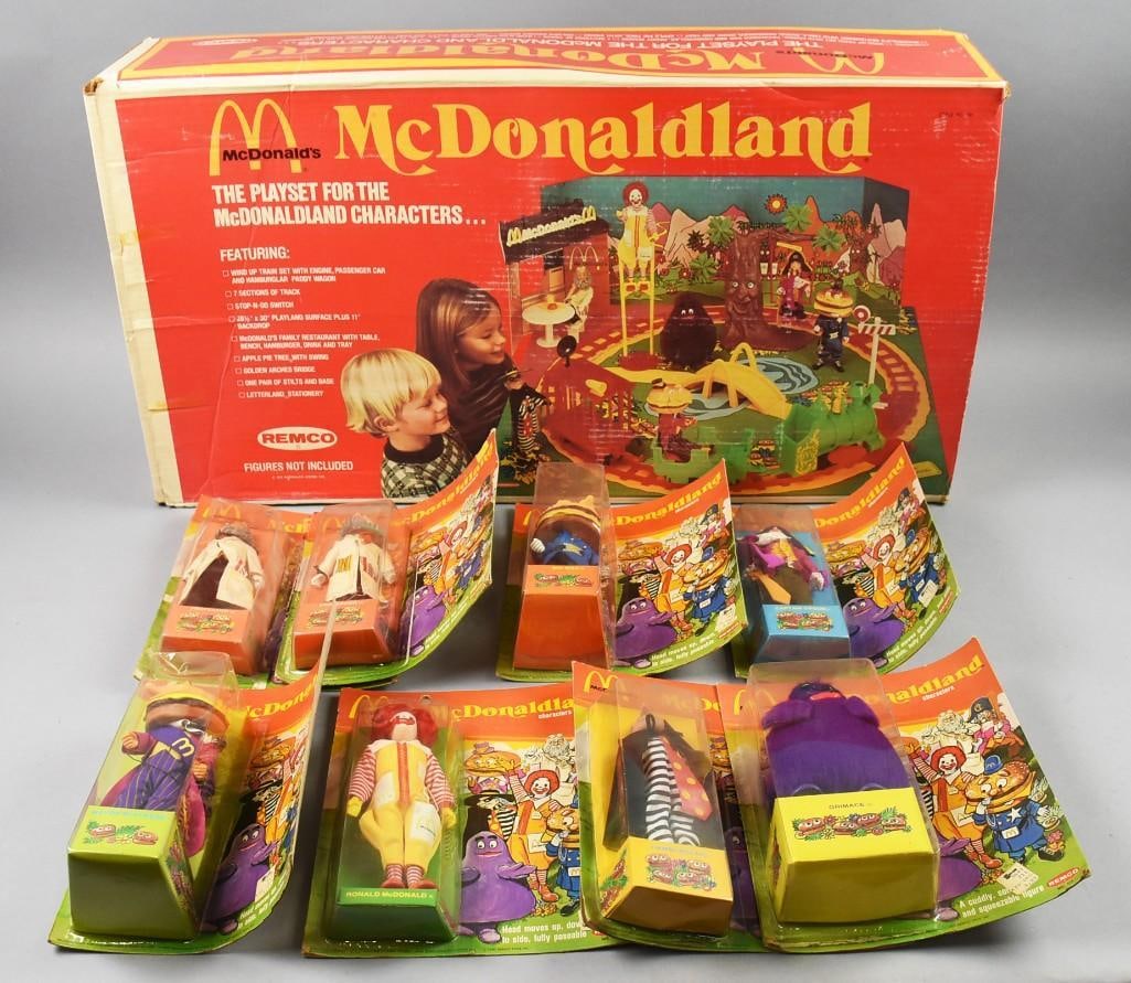 1976 Remco McDonalds McDonaldland Playset & Action Figs-MIP: This great find is a 1976 Remco McDonald's playset. McDonaldland?is a train set with playland surface and backdrop. The box with all the accessories has never been opened, the rest that can be seen ap