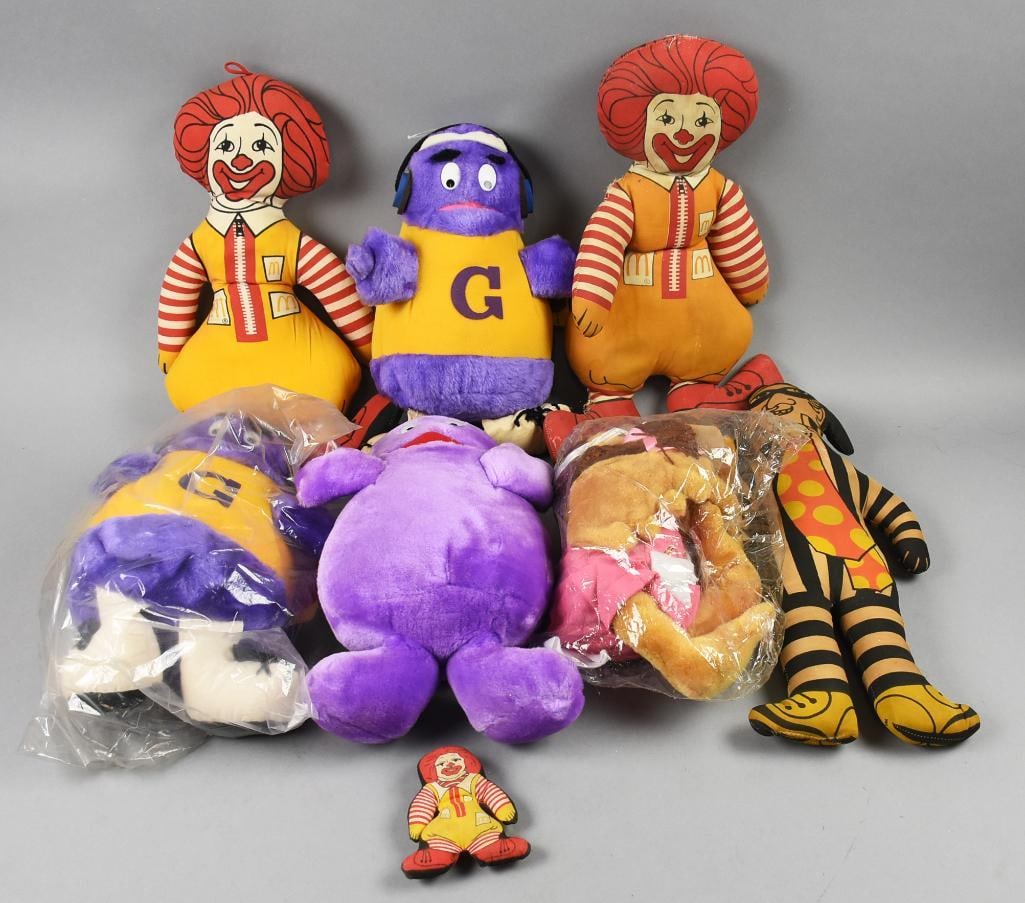 1970s-80s McDonald's Advertising Plush Collectibles: This fun assortment of vintage toys are from McDonald's. Included are a 1970s Hamburglar, three Ronald, two appear to be from the early 1970s and one small fella possibly from the mid 80s, three Grima