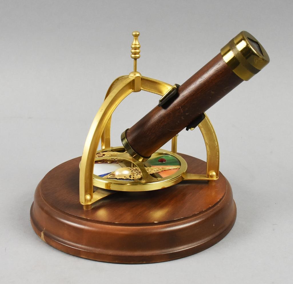 Vintage Kaleidoscope Wind Up Rotating Music Box: This beautiful piece is a kaleidoscope. Wind up and rotating, telescope style view finder over stained glass and mounted to a wooden base. Only visible identification is the Taiwan sticker on bottom.