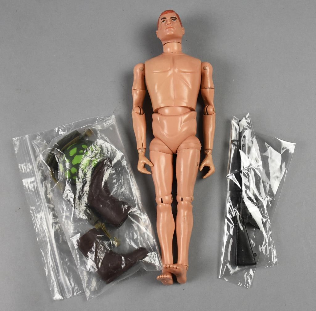 1964-65 Hasbro GI Joe Action Figure with Accessories: Cool vintage Hasbro GI Joe with the 1964-65 mark on tush. Includes gun, boots, helmet and belt. Fully jointed.