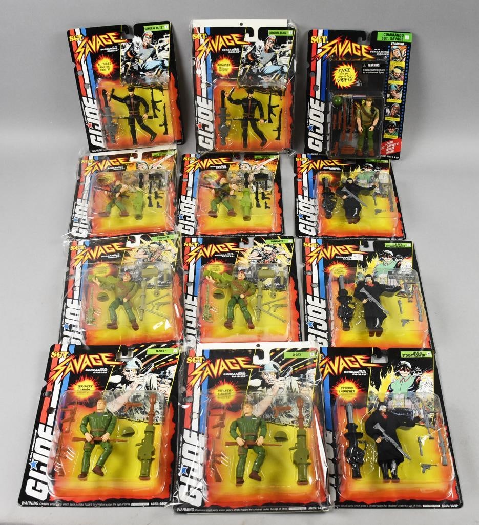 (12) 1994 Hasbro GI Joe Savage Action Figures-MOC-NOS: Lot is 12 1994 Hasbro GI Joe Savage Action Figures-MOC-NOS. Includes Dynomite, General Blitz, Combat Sgt Savage, IRON Stormtrooper, D-Day, Commando Sgt. Savage, lot with duplicates. Single owner colle