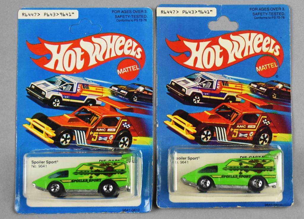 1979 Mattel Hot Wheels Spoiler Sport - Unpunched-MOC-NOS: Lot is a pair 1979 Mattel Hot Wheels Spoiler Sport - One Card Unpunched-MOC-NOS. Single owner collection from the largest toy collector on the West Coast. Great lot!