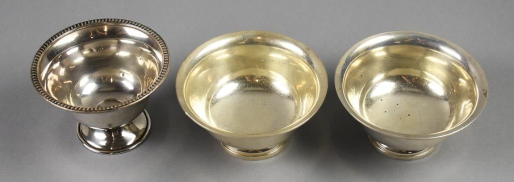 Vintage National & Quaker Sterling Revere Bowls, Plus: Great looking vintage sterling bowls with two being Revere reproductions and one footed bowl from National Silver. Measure from 5" tall x 2.5" wide (2) and 3" tall x 4.5" wide. Overall approx weight o