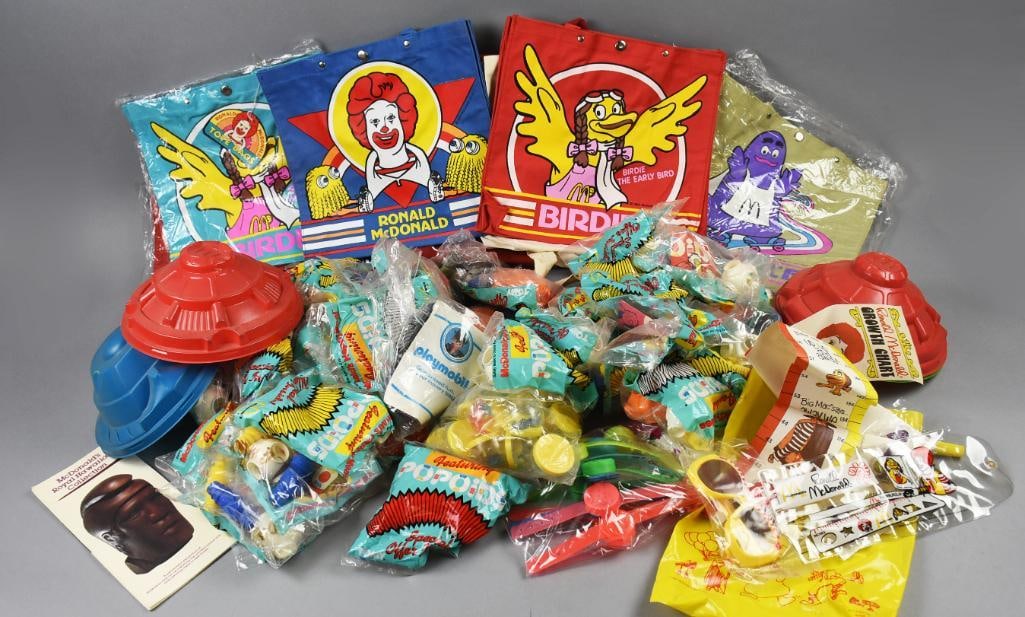 1980s McDonald's Totes, Happy Meal Toys & Bags Premiums: This cool collection is all vintage McDonald's and includes 37 Happy Meal and premium toys. Also there are eight different totes with Grimace, Birdie?and others like the French Fry box tote. The major