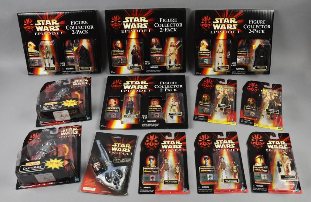 (12) Star Wars Ep 1 1998-99, Hasbro Action Figures-MIP-NOS: Lot is 12 1998-99, Hasbro Star Wars Episode 1 Action Figures-MIP-NOS. Includestwo packs: Queen Amidala-Qui-Gon Jinn, Padme Naberrie-Obi Wan Kenobi, Jar Jar Binks-Naboo Swamp, Darth Maul, Ody Mandrell