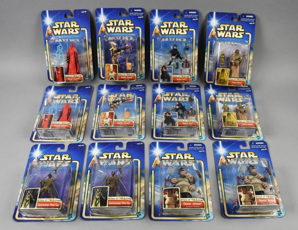 (12) Star Wars Attack of the Clones 2002 Hasbro Figs-MIP-NOS: Lot is 12 2002 Hasbro Star Wars Attack of the Clones Figs-MIP-NOS. Includes Boba Fett, Battle Droid, Royal Guard, Geonosian Warrior, and more. Lot with duplicates.Single owner collection from the larg