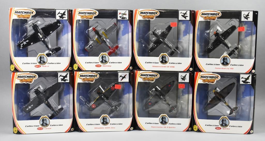 (8) 2001-02 Matchbox Military Aircraft Die-Cast-MOC-NOS: Lot is eight 2001-02 Matchbox Military Aircraft Die-Cast-MOC-NOS. Includes Messerschmitt?Bf 109G, Focke Wulf?Fw 190, Supermarine MK II Spitfire, Spitfire, Hellcat, Mustang, Corsair and Mitsubishi.?Sin