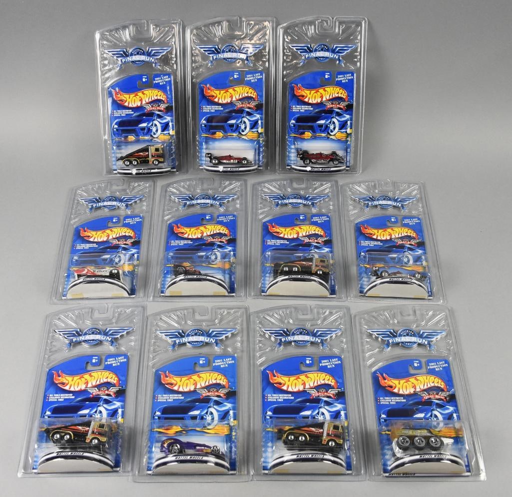 (11) 2000 Mattel Hot Wheels Final Run Die-Cast-MOC-NOS: Lot is 11 2000 Mattel Hot Wheels Final Run Die-Cast-MOC-NOS. Includes one each: #5, #9, #11 and #12, three #7 and four #4. Single owner collection from the largest toy collector on the West Coast.