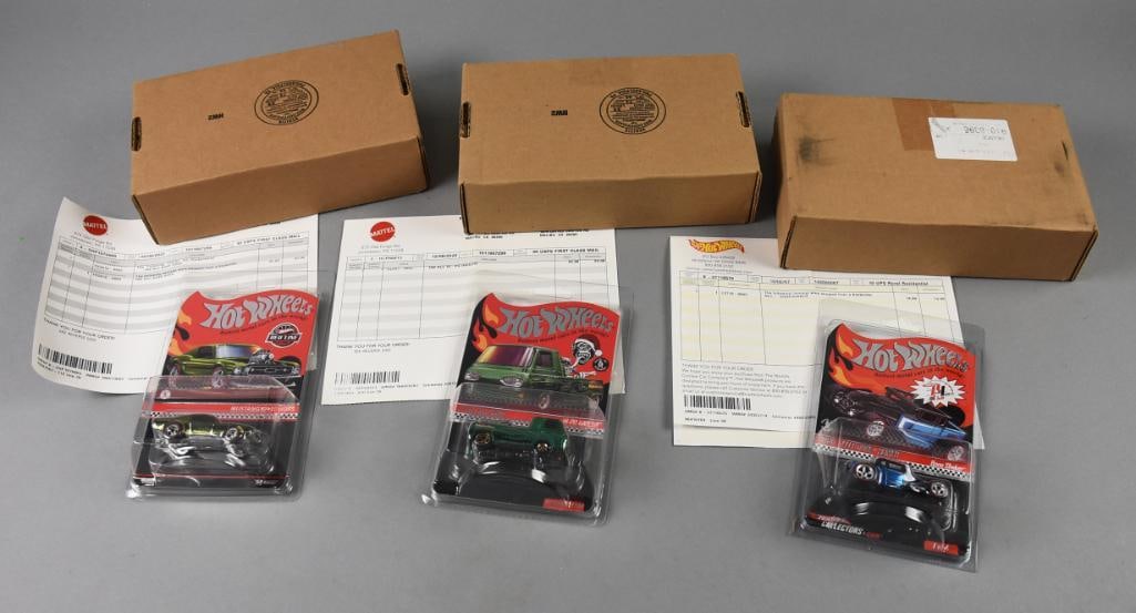 (3) 2000s Mattel Hot Wheels RLC Ltd Ed Die-Cast-MOC-NOS: Lot is three 2000s Mattel Hot Wheels RLC Ltd Ed Die-Cast-MOC-NOS. Includes a Mustang Boss Hoss 28463/30000, Bone Shaker 7500/10,442 and Hi-Po Hauler 14629/20000.?Single owner collection from the large
