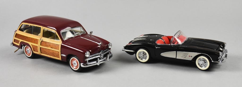 Franklin Mint 1:24 Ford & Chevrolet Ltd Edition-MIP-NOS: Lot is Franklin Mint Ford & Chevrolet Ltd Edition-MIP-NOS. Includes a 1949 Ford Woody and a 1958 Chevy Corvette. Includes factory shipping boxes. Single owner collection from the largest toy collector