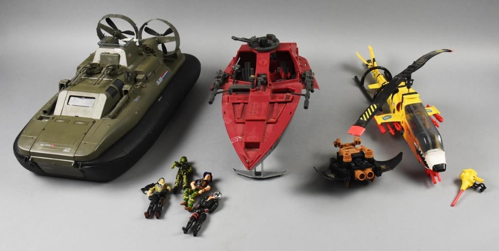 (8) 1980s Hasbro GI Joe Vehicles and Figures-Loose: Lot is eight 1980s Hasbro GI Joe Vehicles and Figures-Loose. Includes a Cobra Moray Hydrofoil, Tigerfly, Killer Whale Hovercraft, Destro's Destroyer, Destro, Recondo, Hit & Run and Tunnel Rat.?Single