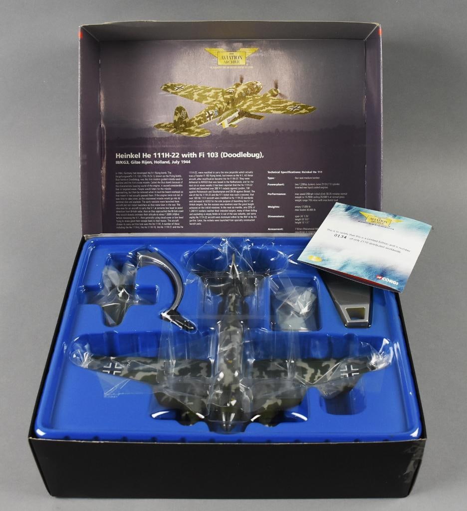 2005 Corgi Aviation Archive Heinkel He 111H-22-1:72-NOS: Lot is a 2005 Corgi Aviation Archive Heinkel He 111H-22 with Fi 103 (Doodlebug)-1:72-NOS. Single owner collection from the largest toy collector on the West Coast.
