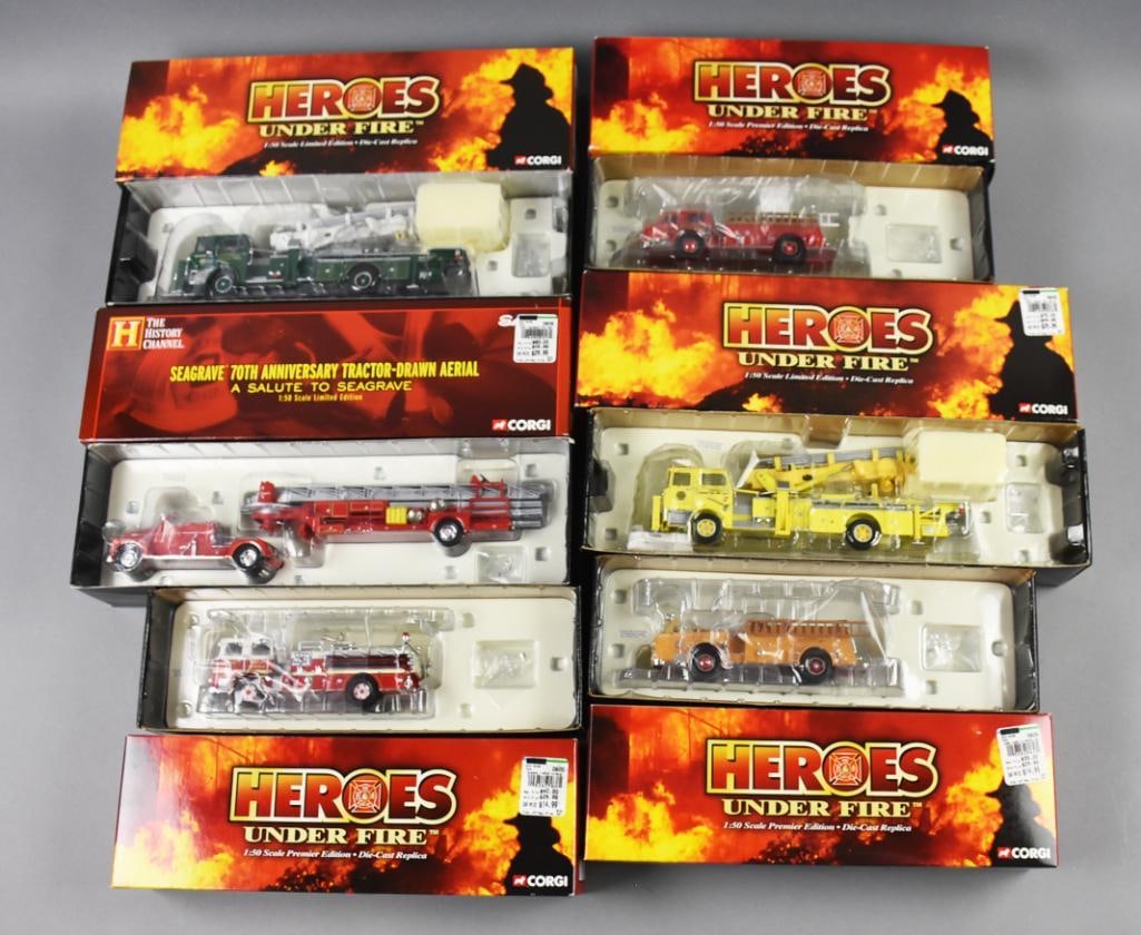 (6) 2002-03 Corgi Heroes Under Fire 1:50 Scale-MIB-NOS: Lot is six 2002-03 Corgi Heroes Under Fire 1:50 Scale-MIB-NOS. Includes Mack CF Tower Ladder-Green Tree PA, Seagrave 70th Anniversary Tractor Drawn Aerial, Alf 700-Baltimore County MD, Mack CF Tower L