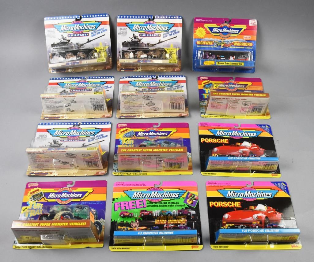 (12) 1980s-90s Galoob Micro Machines Assortment-MIP-NOS: Lot is 12 1980s-90s Galoob Micro Machines Assortment-MIP-NOS Includes Military, Porsche, Ultra Moderns and more. Lot with duplicates. Single owner collection from the largest toy collector on the West