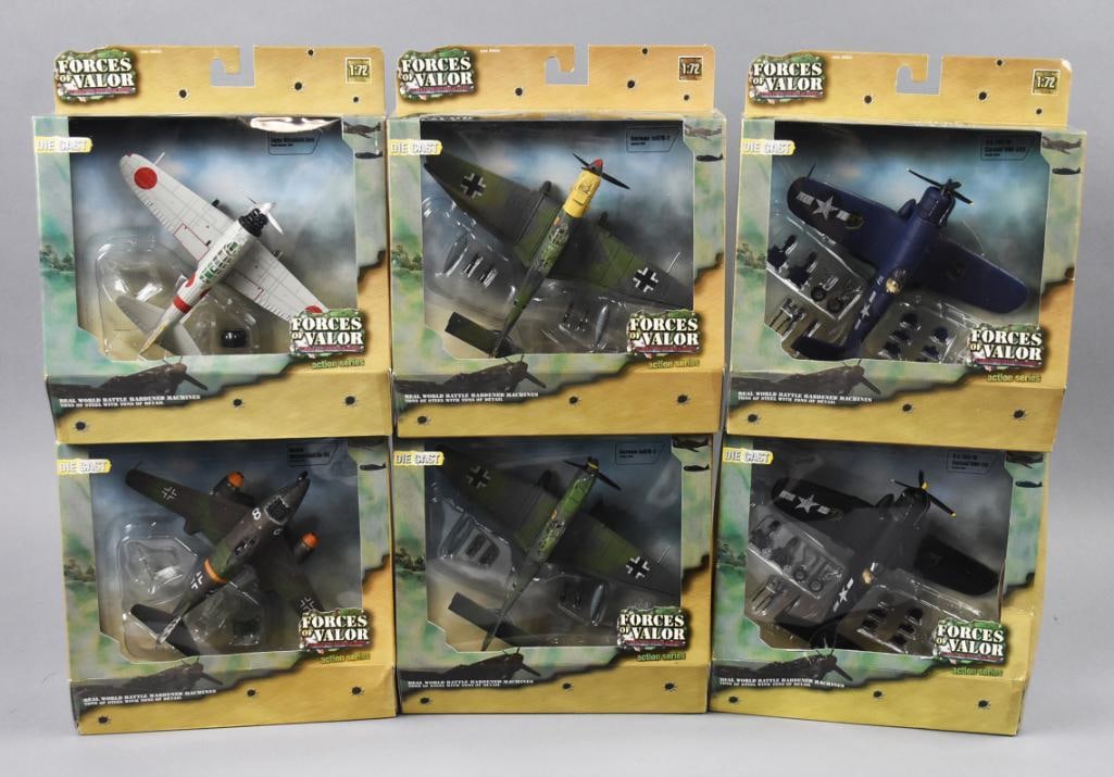 (6) 2006 Unimax Forces of Valor Military Aircraft 1:72-NOS: Lot is six 2006 Unimax Forces of Valor Military Aircraft 1:72-NOS. Includes Corsair VMF 112, Corsair VMF 323, German Ju87B-2 (France), German Ju87B-2 Austria, Japan Mitsubishi Zero and German Messersc