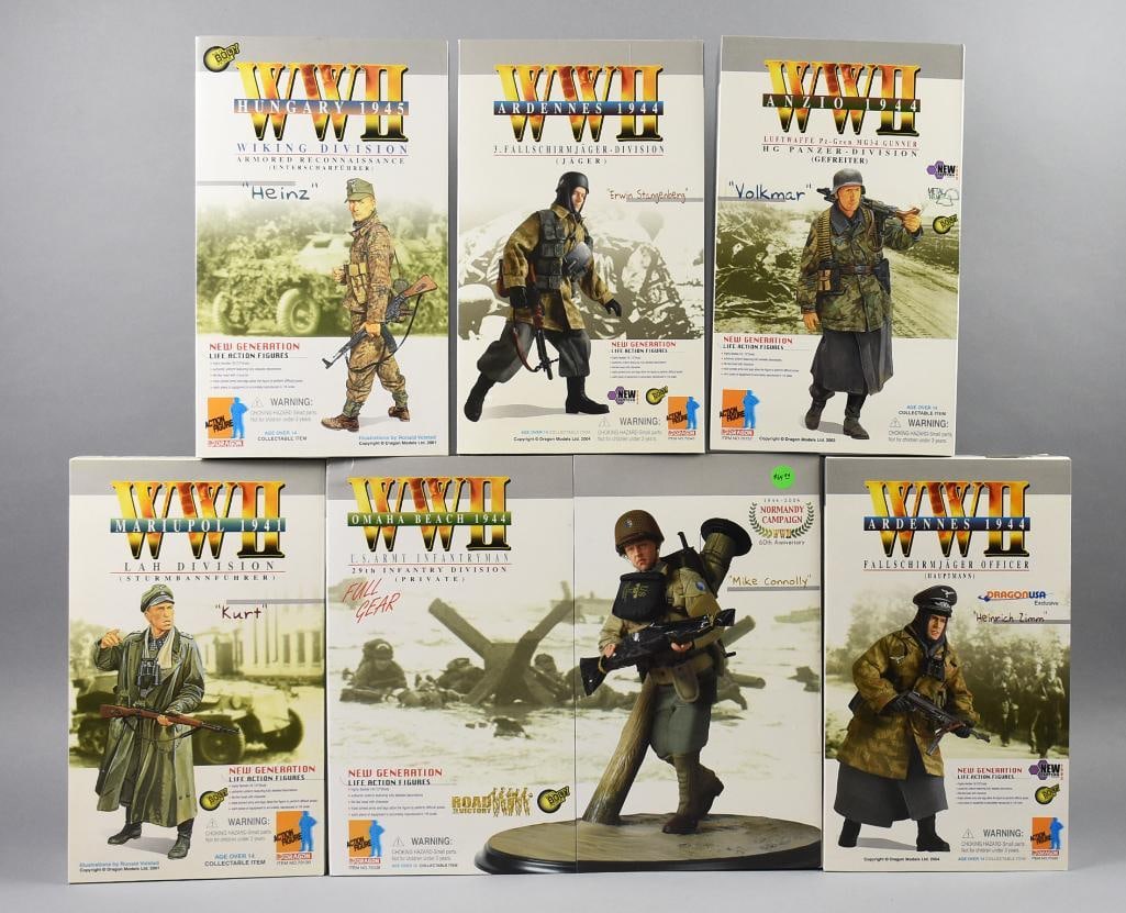 (6) 2000s Dragon Models 12" WWII World Soldiers-MIB-NOS: Lot is six 2000s Dragon Models 12" WWII World Soldiers-MIB-NOS. Includes Heinz, Erwin Stangenberg, Volkmar, Heinrich Zimm, Mike Connolly w/ Full Gear and Kurt. Single owner collection from the largest