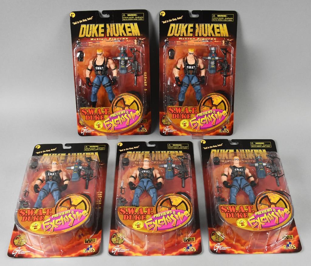 (5) 1997 3D Realm Duke Nukem Action Figures-MOC-NOS: Lot is five 1997 3D Realm Duke Nukem Action Figures-MOC-NOS. All are SWAT Duke. Single owner collection from the largest toy collector on the West Coast.