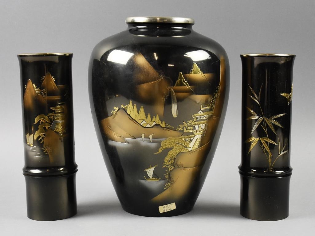Vintage Fine Arts Japanese Chokin Style Mixed Metal Vases: Lovely vases that are from Fine Arts, Japan. They are mixed metal with two having landscape designs and one with bamboo leaves and sparrow. The bamboo shaped vases are approx. 10" tall and the urn sha