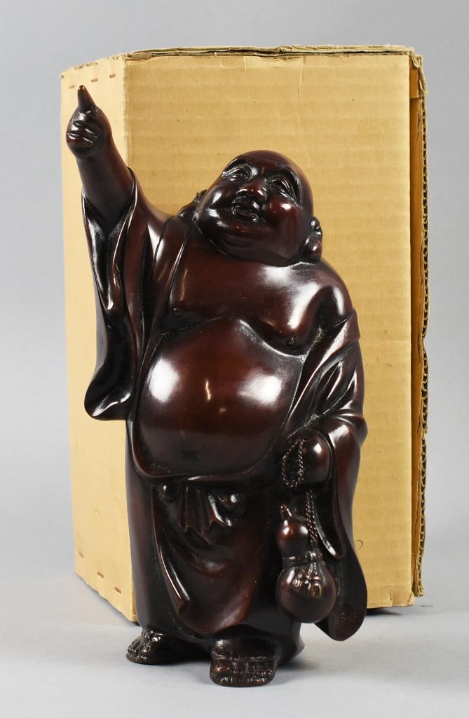 Vintage Fine Arts Japanese Bronze Hotei, Original Box, NOS: This fun piece is a Japanese Hotei. He appears bronze with one hand raised, finger pointing upwards. He retains his original gold foil label on the bottom from Fine Arts Japan. Comes in the original f