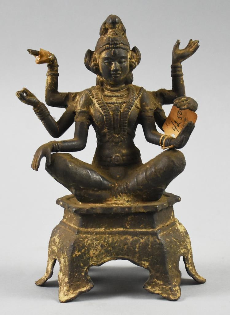 Vintage Six Armed Vishnu, Hindu Goddess, Cast Iron: This beauty is the six armed Hindu Goddess, Vishnu. She appears to be cast iron with chippy paint. No visible marks and measures approx. 9.5" tall x 6" wide. This piece was in a Japanese decor shop in