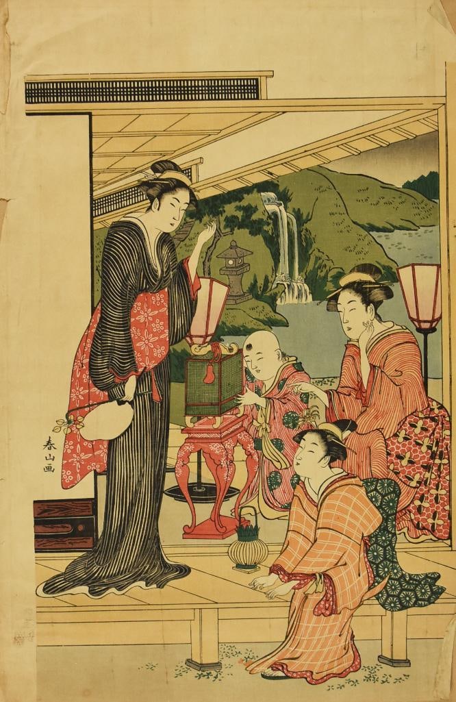 Katsukawa Shunzan Japanese Woodblock Print: Gorgeous woodblock print from Japanese artist Katsukawa Shunzan. He was active from 1782-1798. This piece was originally published c1790 and is called Firefly Hunt. It comes with a matte. Image measur