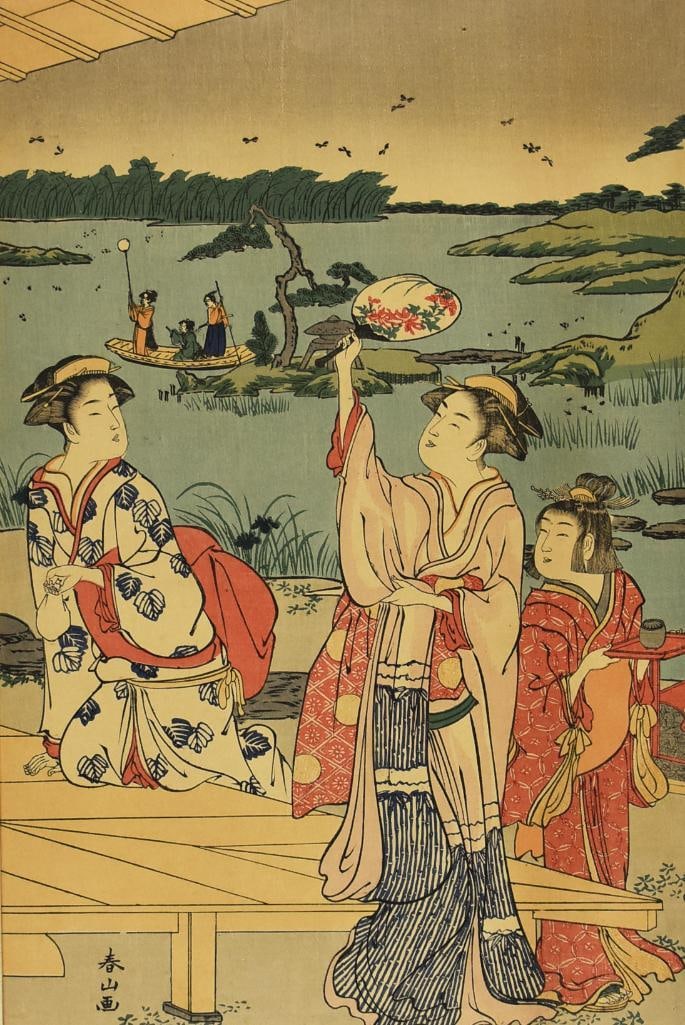 Katsukawa Shunzan Japanese Woodblock Print: Very pretty woodblock print from Japanese artist Katsukawa Shunzan . This piece is called Summer Evening originally published during the Edo period. Comes with a matte. Matte measures 14" x 19", cut o