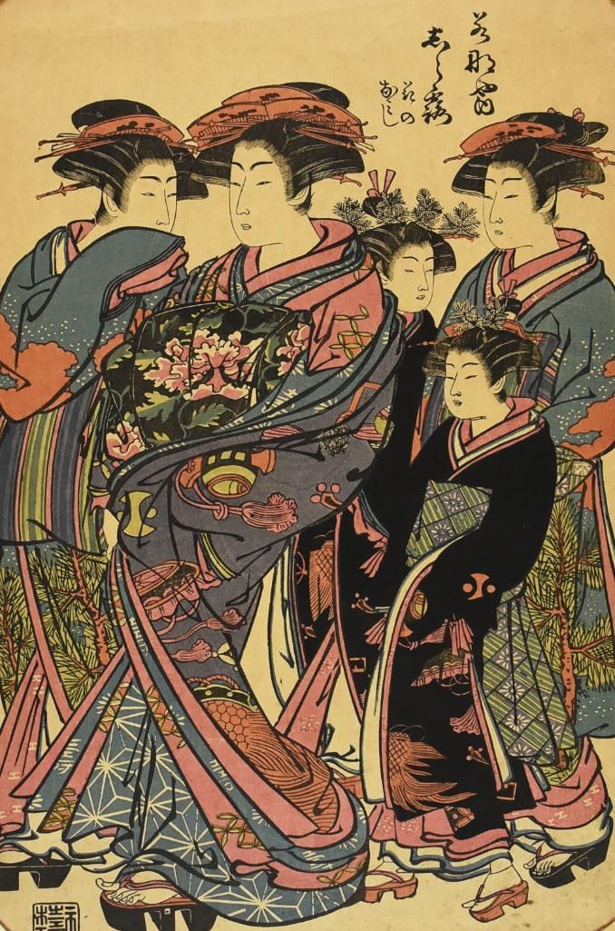 Isoda Koryusai (1735-1790) Japanese Woodblock Print: Gorgeous woodblock print from Japanese artist Isoda Koryusai (1735-1790). It was taken from the series Models for Fashion: New Year Designs as Fresh as Young Leaves. It comes with matte. Matte measure