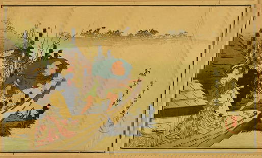 Kubo Shunman (1757-1820) Japanese Woodblock Print: This is an amazing woodblock print from Japanese artist Kubo Shunman (1757-1820). Originally published in 1796, it is called The First Boat Ride of the New Year from a book called One Hundred Twitteri