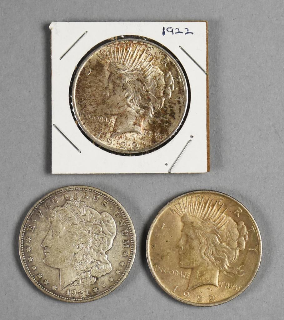 1921 Morgan, Two 1922 Peace Silver Dollars (1 of 2)