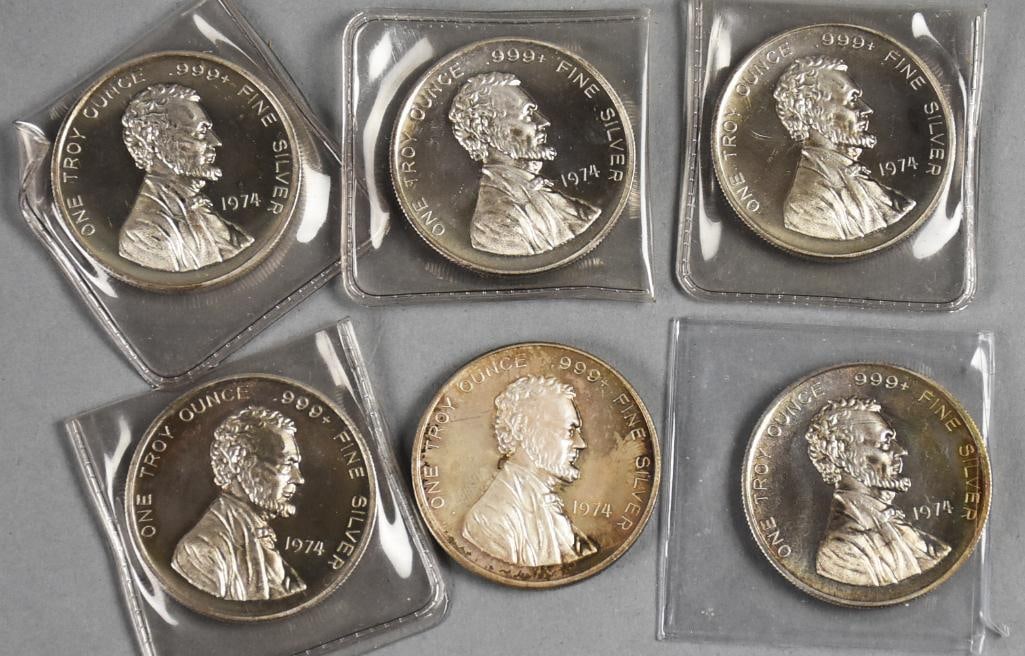 (6) 1 Troy Oz Fine Abraham Lincoln Silver Trade Unit, Each: Lot is six 999 Fine Abraham Lincoln Silver Trade Unit, Each 1 one once troy.