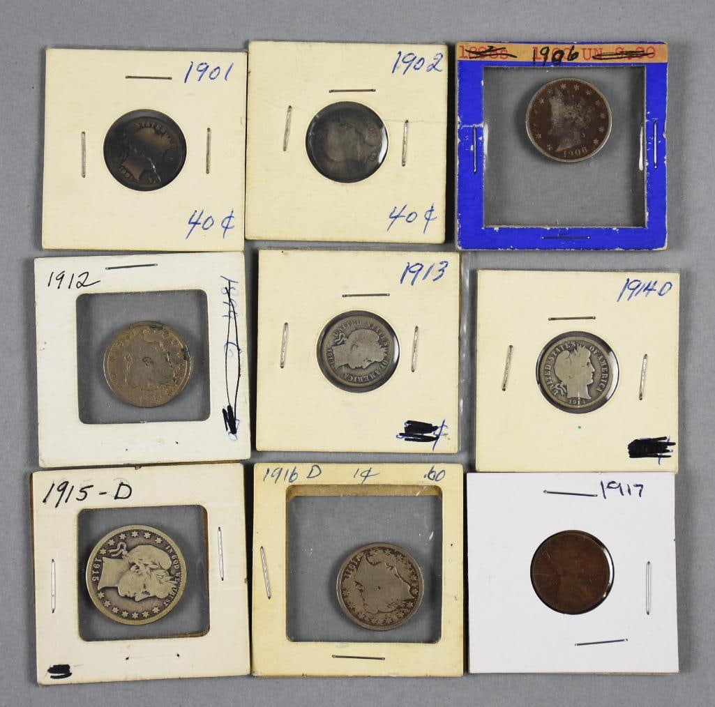 (9) 1901-17 Quarter, Dimes, Nickels Penny, Circulated, AG-VG: Lot is nine 1901-17 Quarter, Dimes, Nickels Penny, Circulated, About Good - Very Good. Includes a 1917 Lincoln wheat penny, 1906, 1912 and 1916D Victory nickels, 1901, 1902, 1913 and 1914D dimes and a