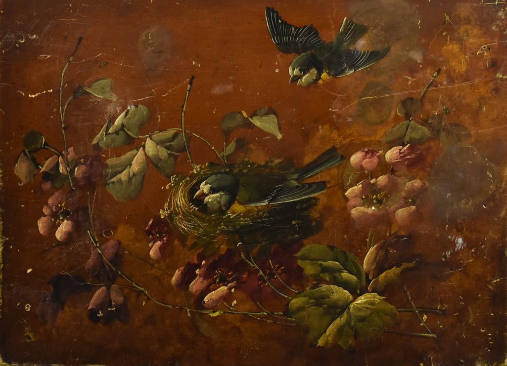 Vintage Nesting Birds Oil Painting on Board: This wonderful painting appears antique, but is safe to call vintage. Rich warm colors of a nesting bird, with another flying in. Both surrounded by flower and leaf motif. It is oil on thick board and