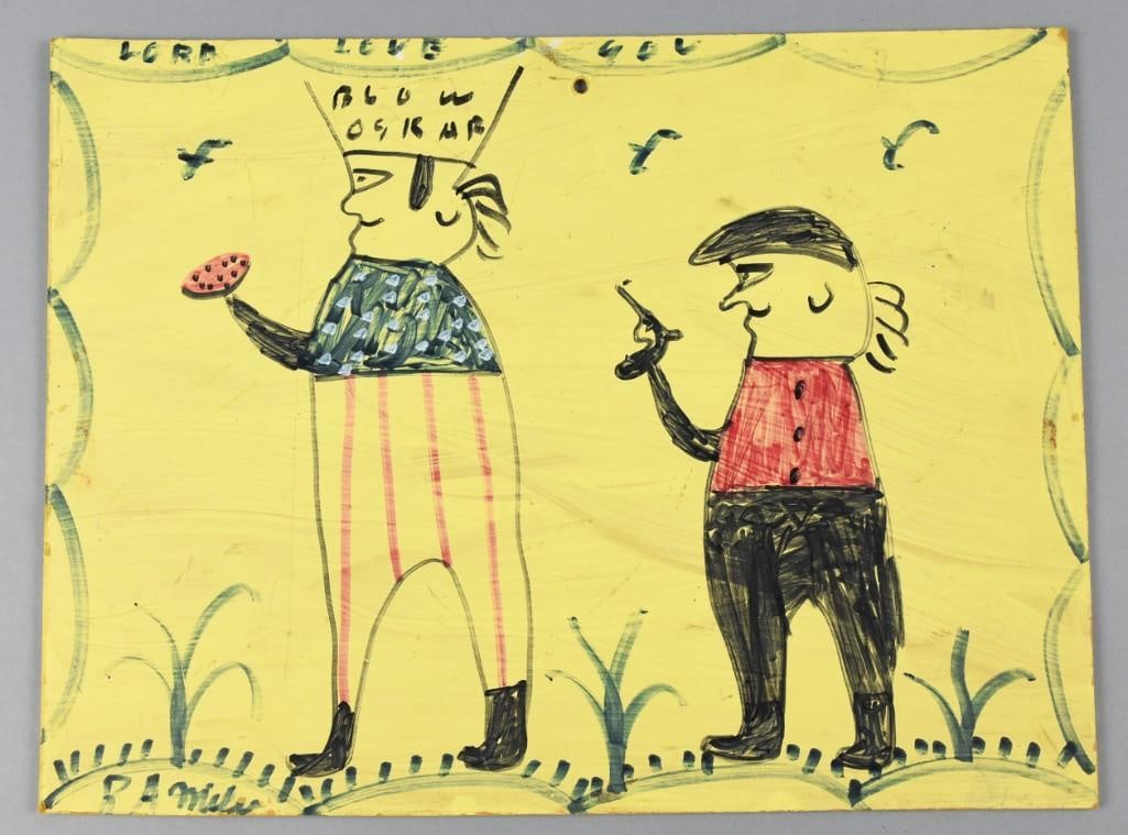 R.A. Miller(1912-2006) Gunpoint Blow Oskar: This great painting is by folk artist RA Miller, signed in lower left. The caption across the top is Lord Love You and depicts Blow Oskar being held up. Overall approx measures 11 3/4" x 15 3/4".