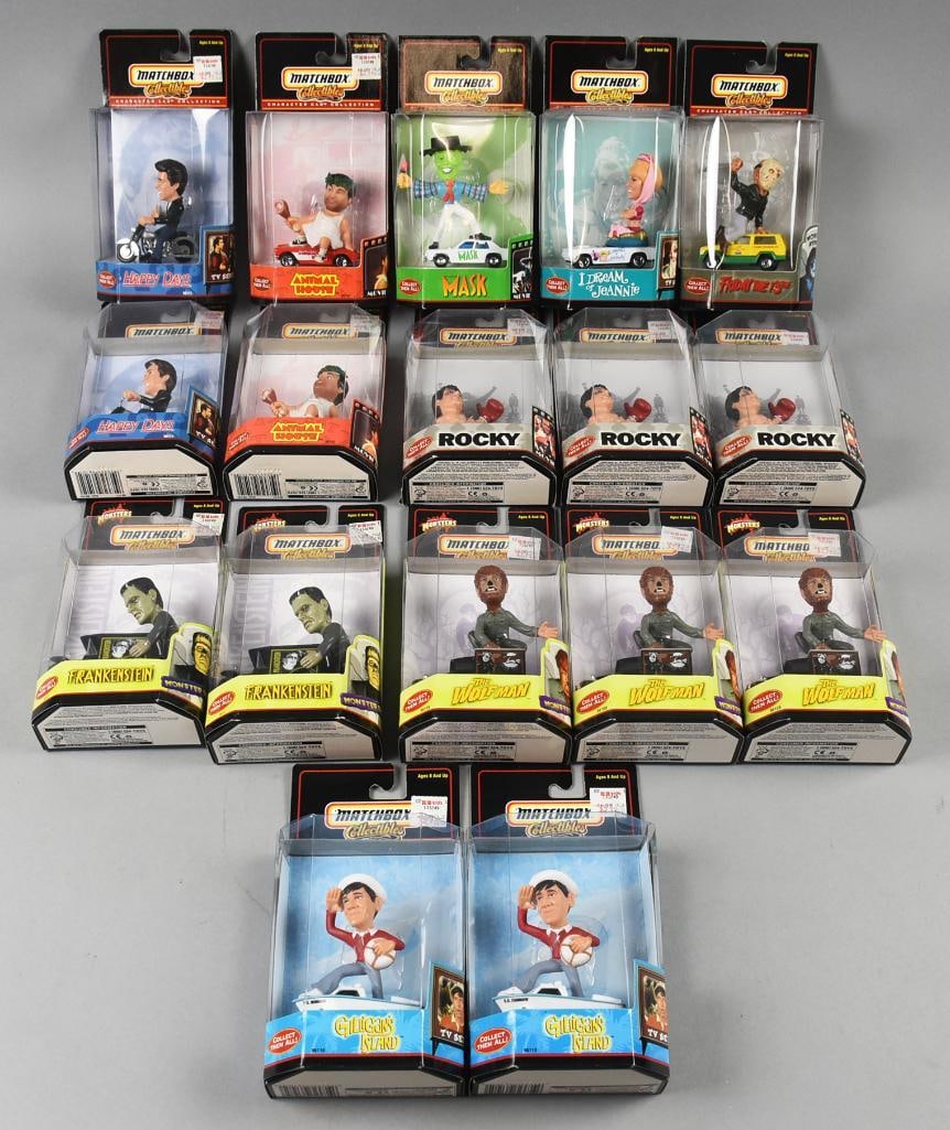 (17) 1999-2000 Mattel Matchbox TV & Movie Figurines-MIP-NOS: Lot is 17 1999-2000 Mattel Matchbox TV & Movie Figurines-MIP-NOS. Includes Mask, I Dream of Jeanie, Friday the 13th, two each: Animal House, Happy Days, Gilligan's Island and Frankenstein. Three each,