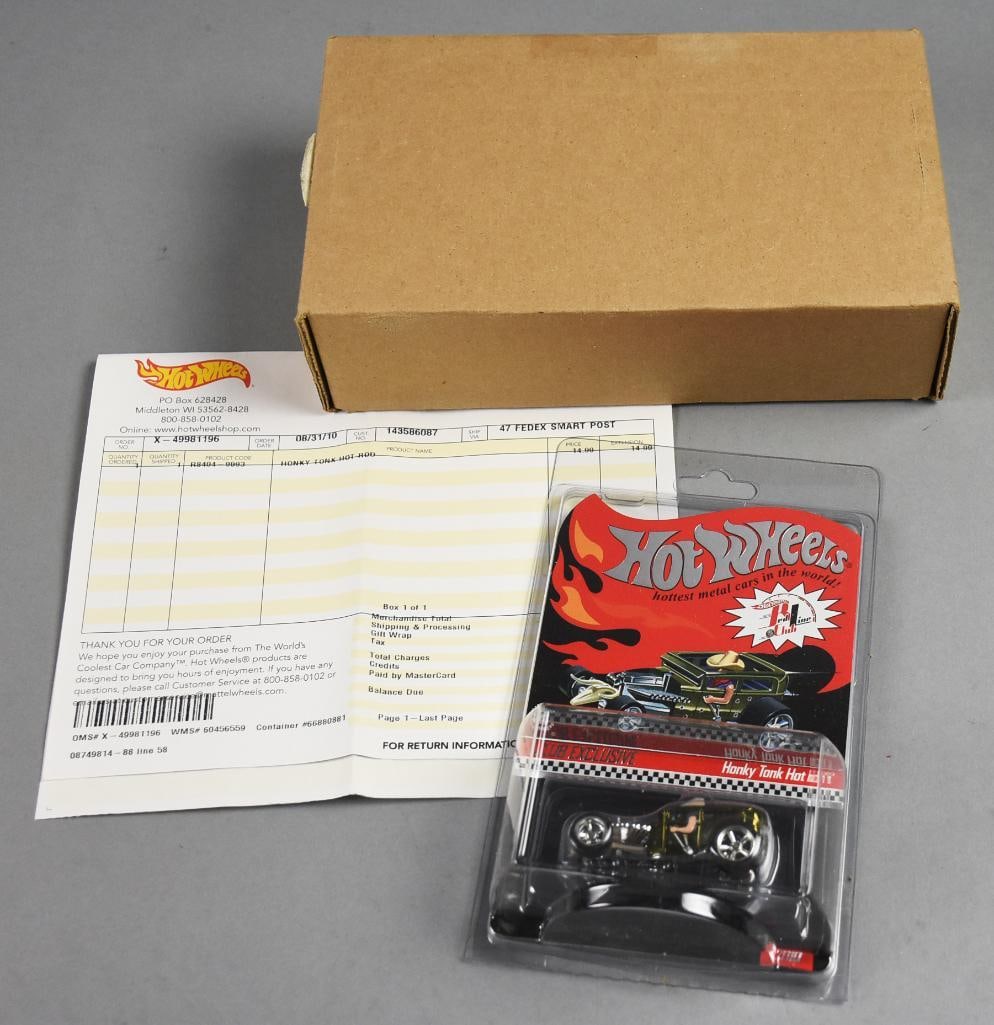 2009 Mattel Hot Wheels Honky Tonk Hot Rod-MOC-NOS: Lot is two 2009 Mattel Hot Wheels Honky Tonk Hot Rod-MOC-NOS. No. 2518/4000. Includes original shipping box and packing slip. Single owner collection from the largest toy collector on the West Coast.